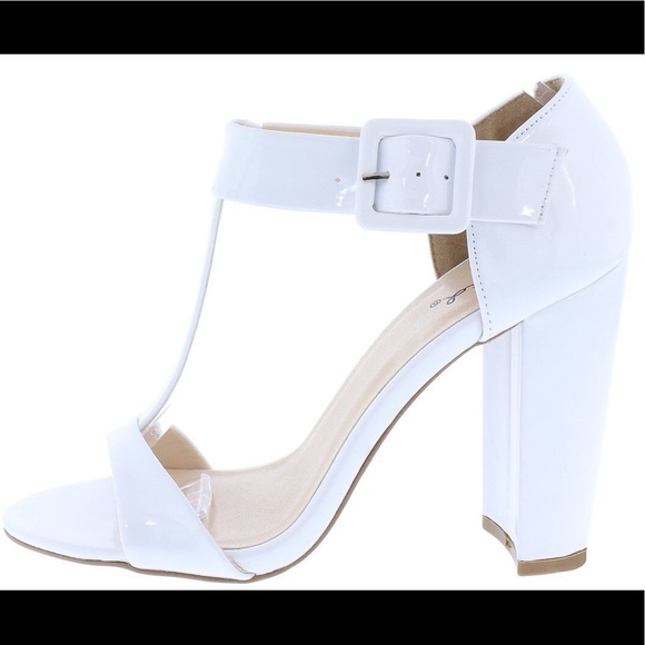 White Patent Pu Open Toe T Strap Chunky Heel - Picture 1 of 2